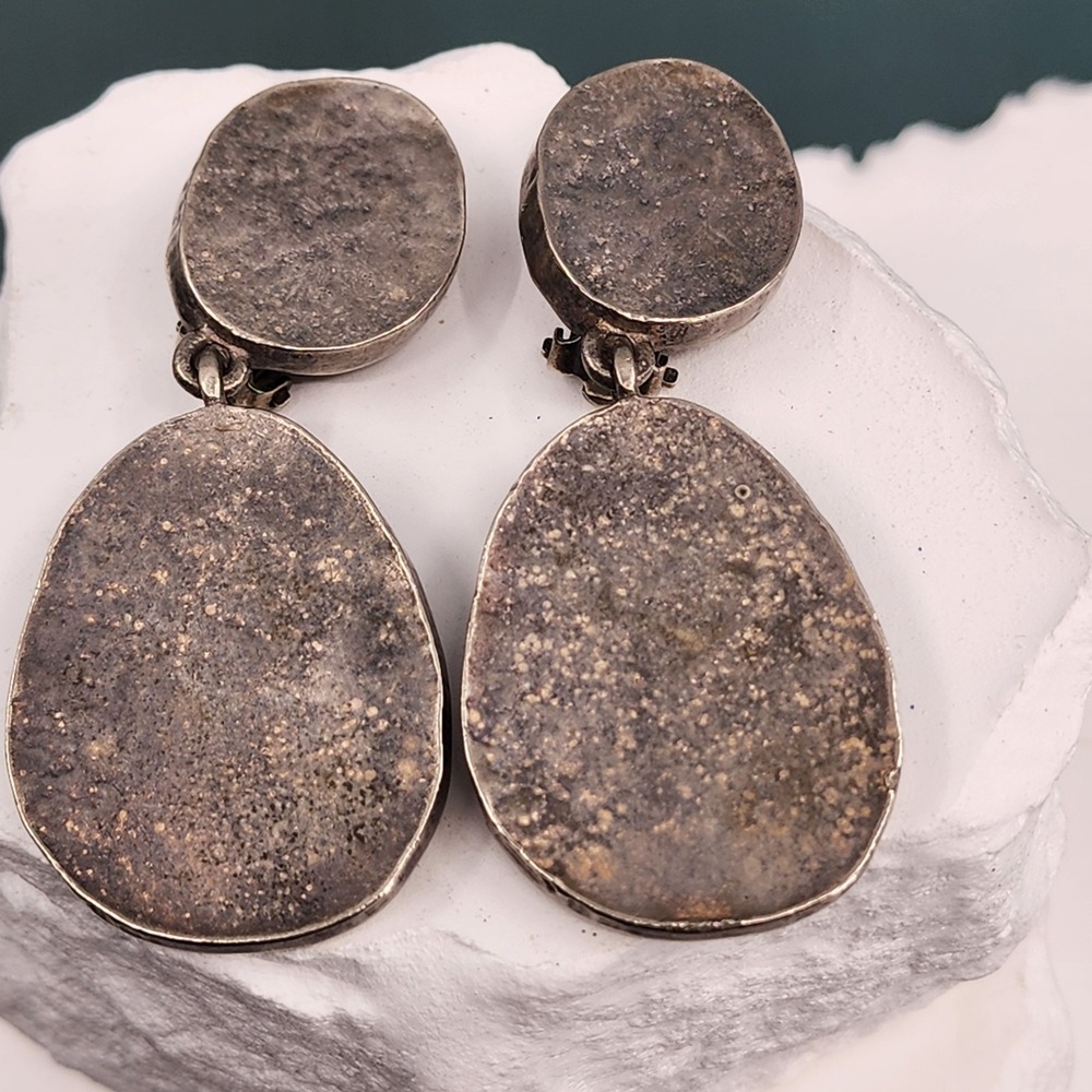 P.E.P. Signed Silver Tone Oval Dangle Clip On Earrings Large Statement Vintage